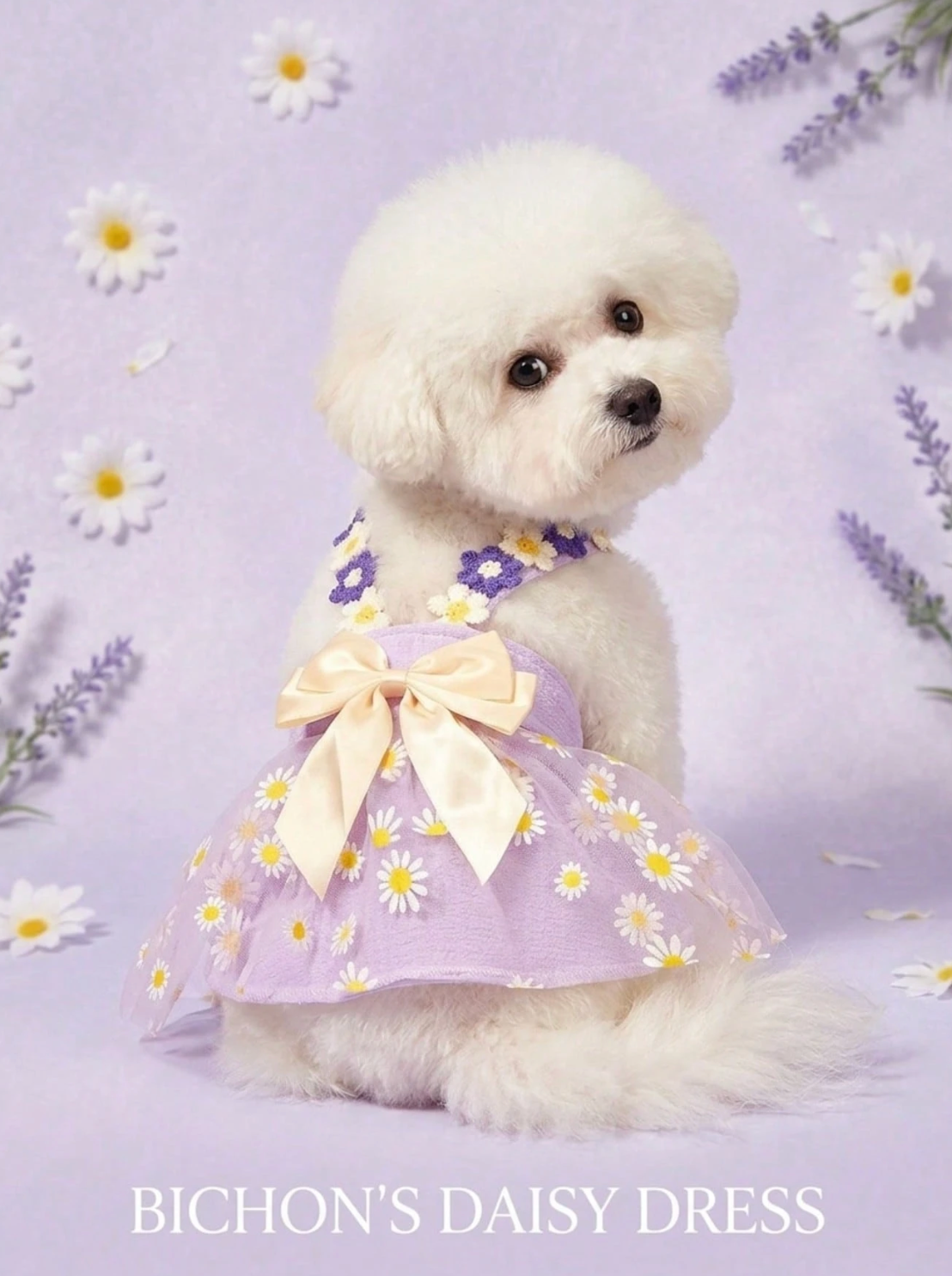 Cute Small Daisy Lace Purple Tulle Bow Dress
