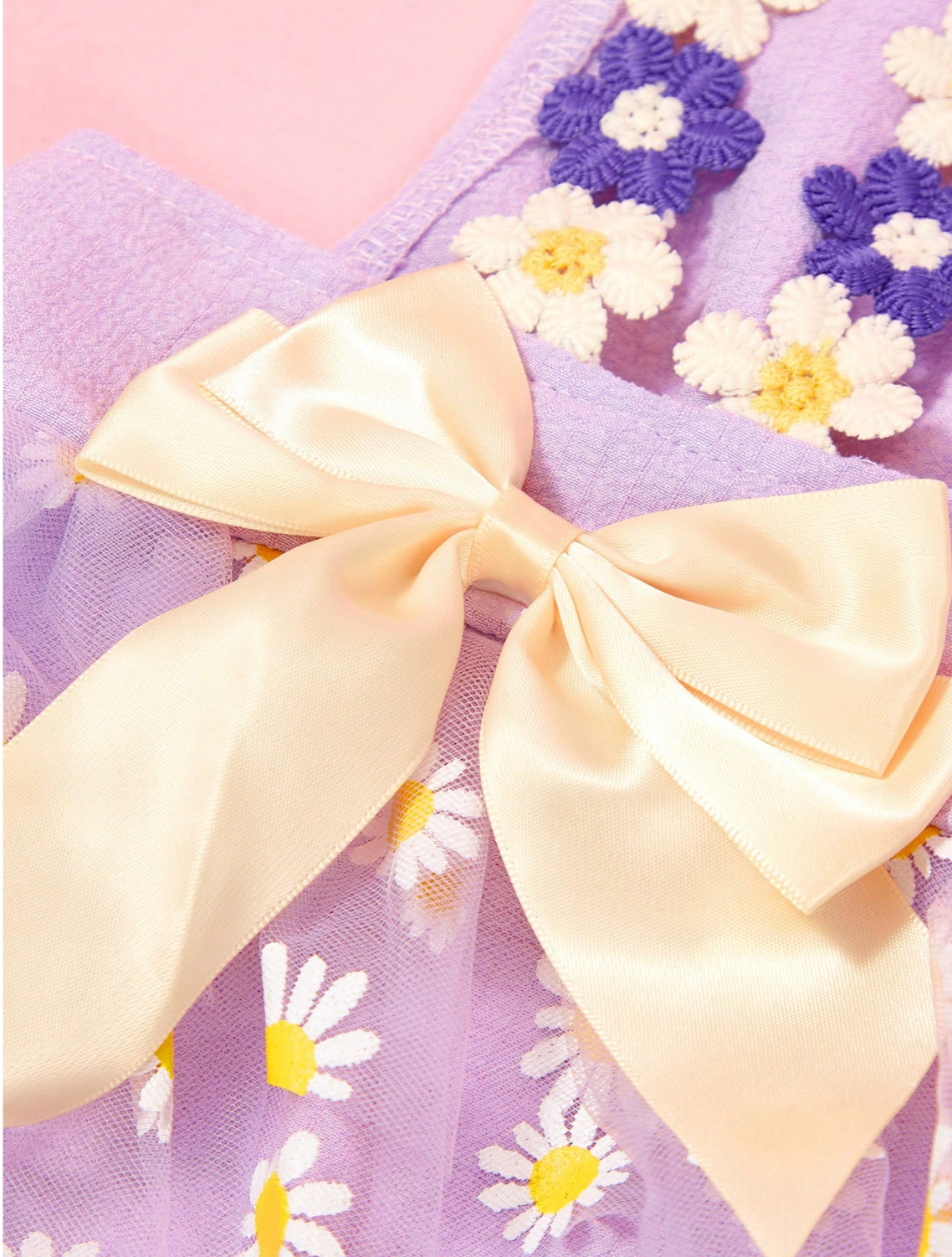 Cute Small Daisy Lace Purple Tulle Bow Dress