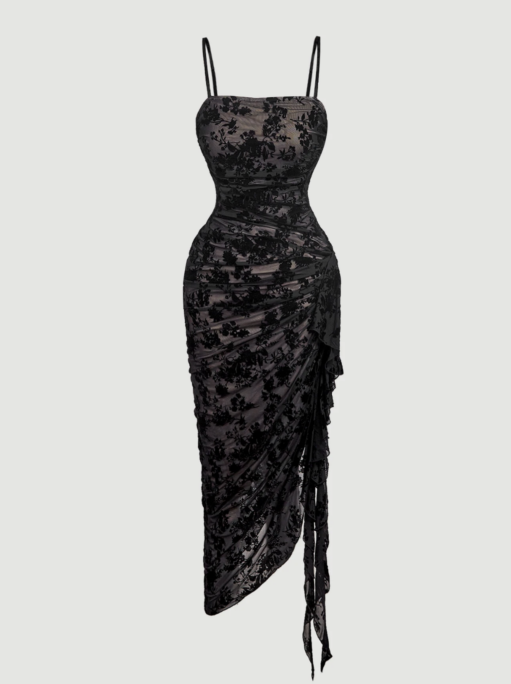 Women's Vintage Flocked Mesh Ruched Ruffle Hem Dress