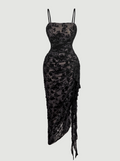 Women's Vintage Flocked Mesh Ruched Ruffle Hem Dress