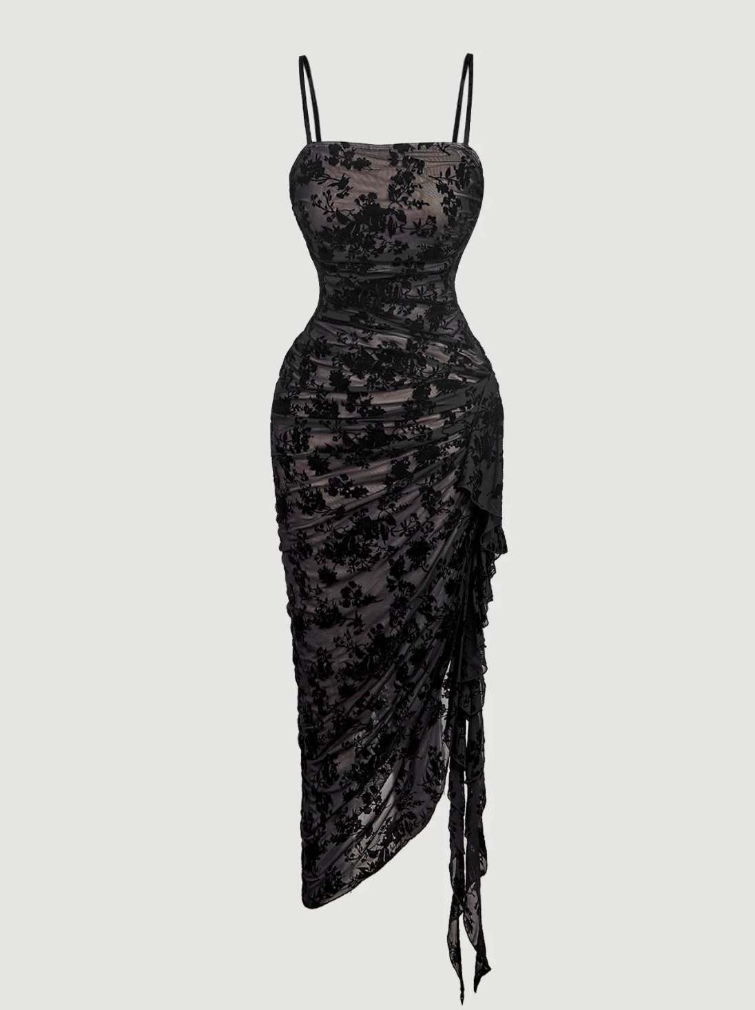 Women's Vintage Flocked Mesh Ruched Ruffle Hem Dress