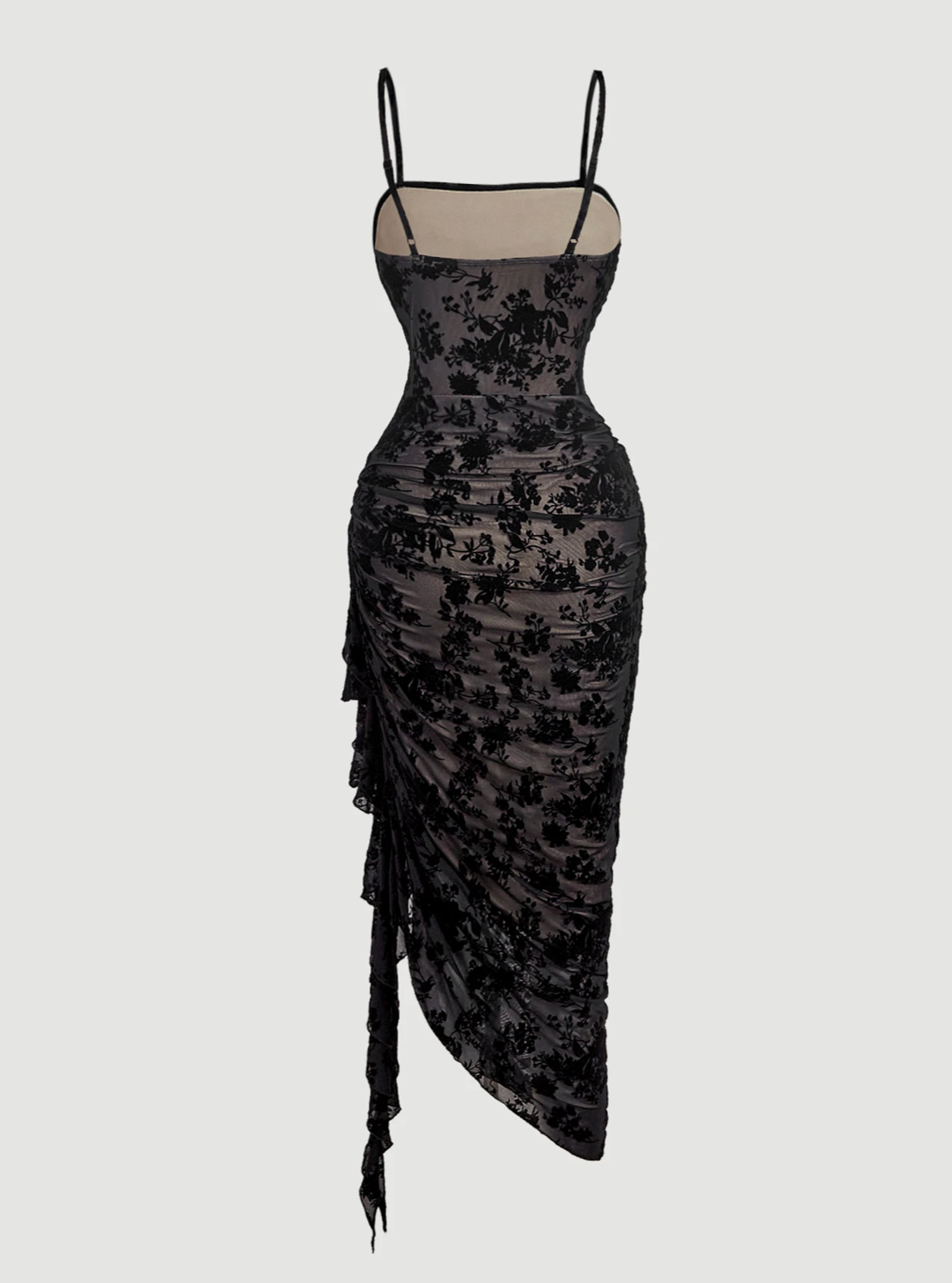 Women's Vintage Flocked Mesh Ruched Ruffle Hem Dress