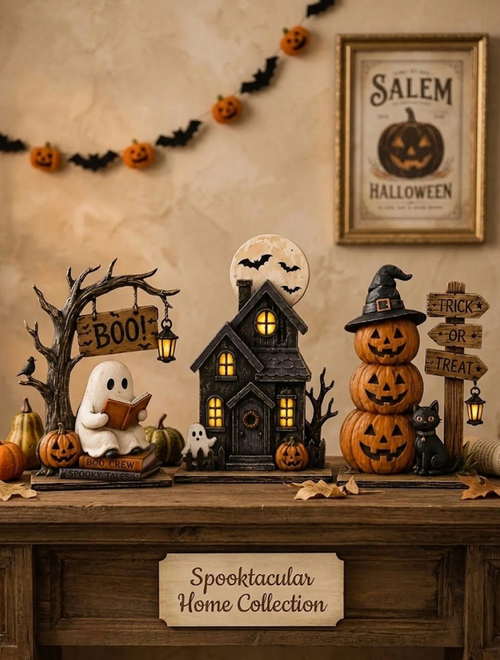 3pcs Vintage Halloween Wooden Decor Set
