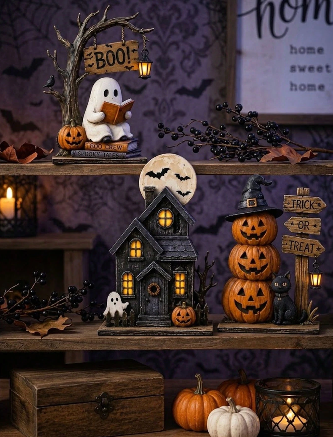 3pcs Vintage Halloween Wooden Decor Set