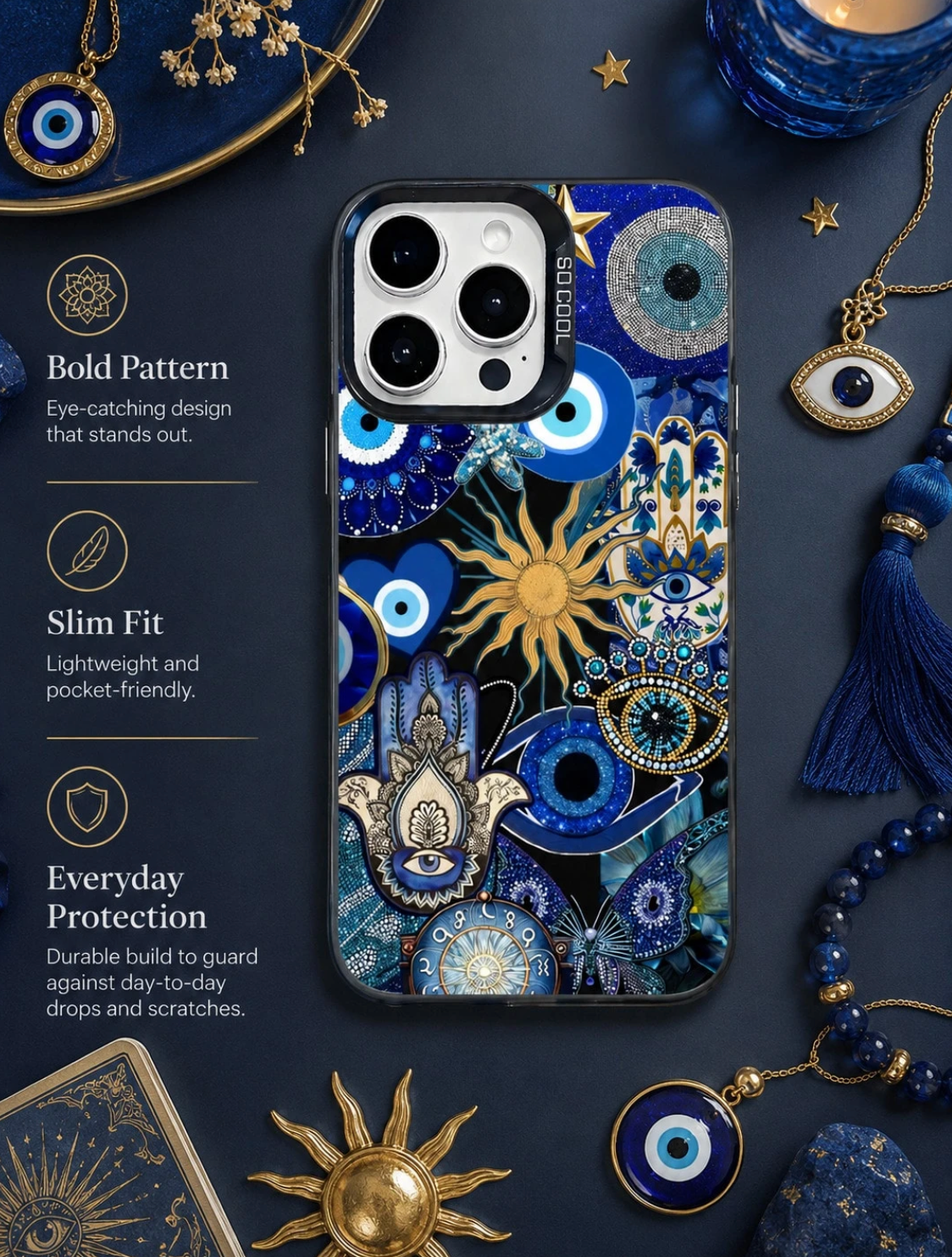 1pc Blue & Gold Evil Eye Hamsa Hand Phone Case