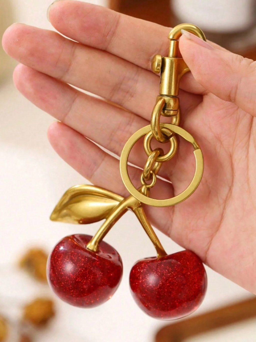 Unique Shiny Cherry Shaped Pendant Keychain, Cherry Decor Keychain With Buckle, Portable Bag Charm Accessory