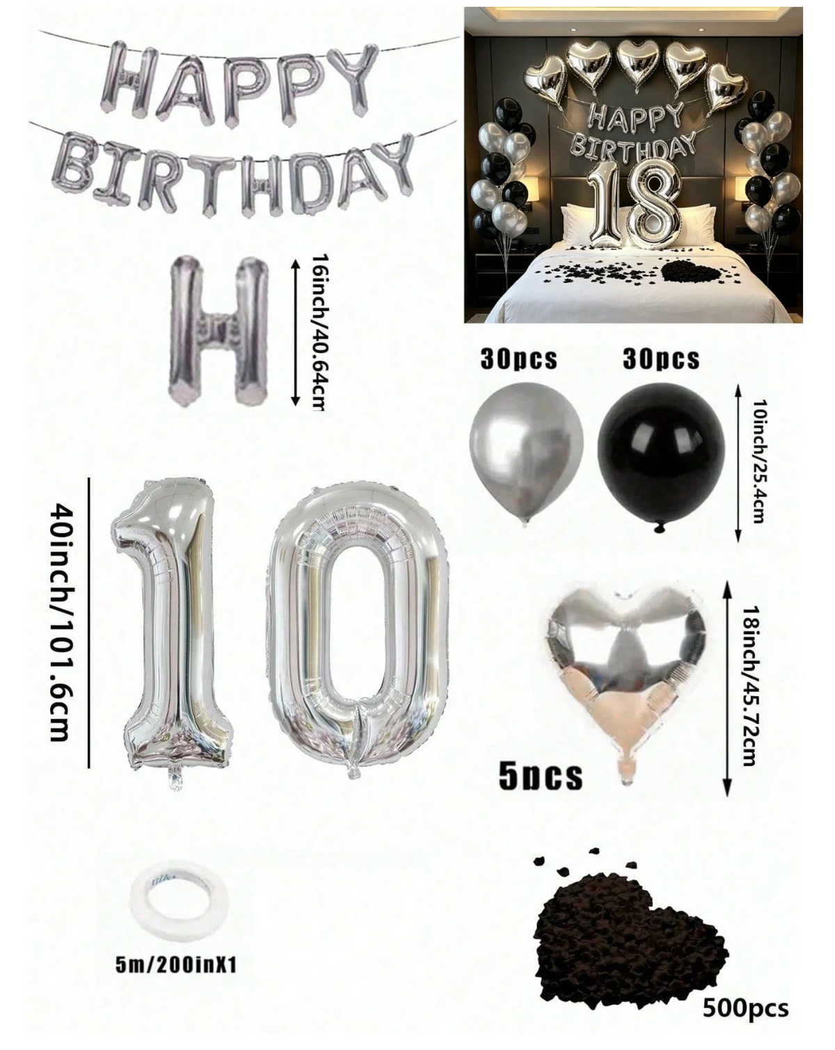 Black & Silver Balloon Garland Birthday Set