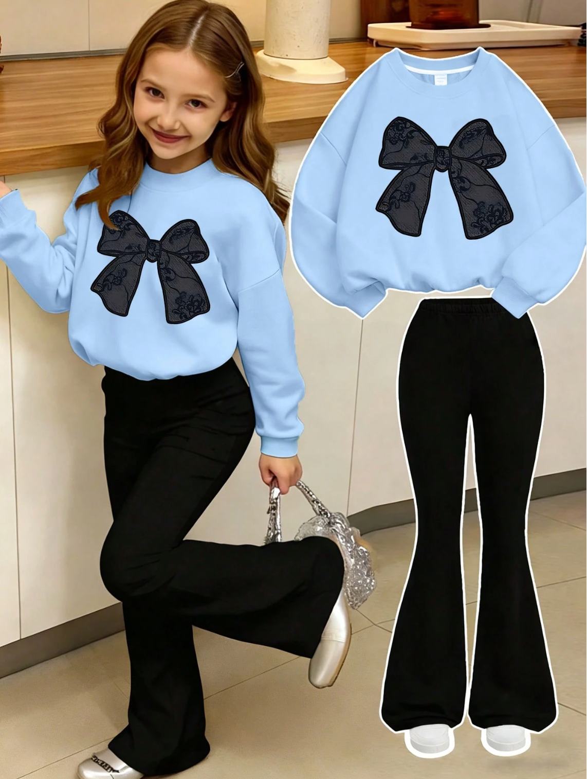 Girls Bow Print Crew Neck Sweatshirt And Pants, New Fashionable Casual Travel Outfit