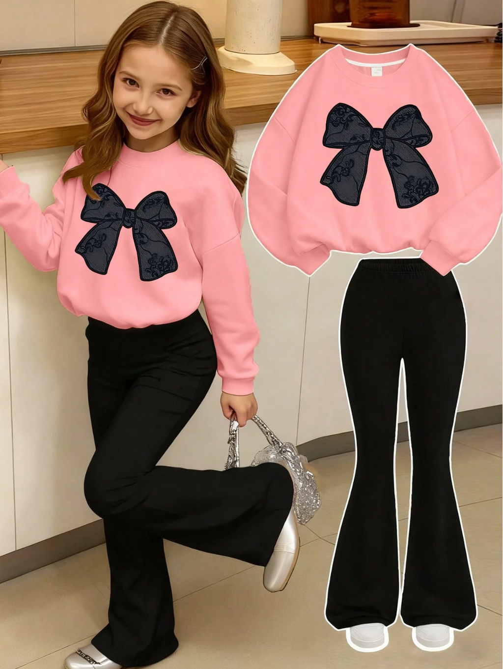 Girls Bow Print Crew Neck Sweatshirt And Pants, New Fashionable Casual Travel Outfit