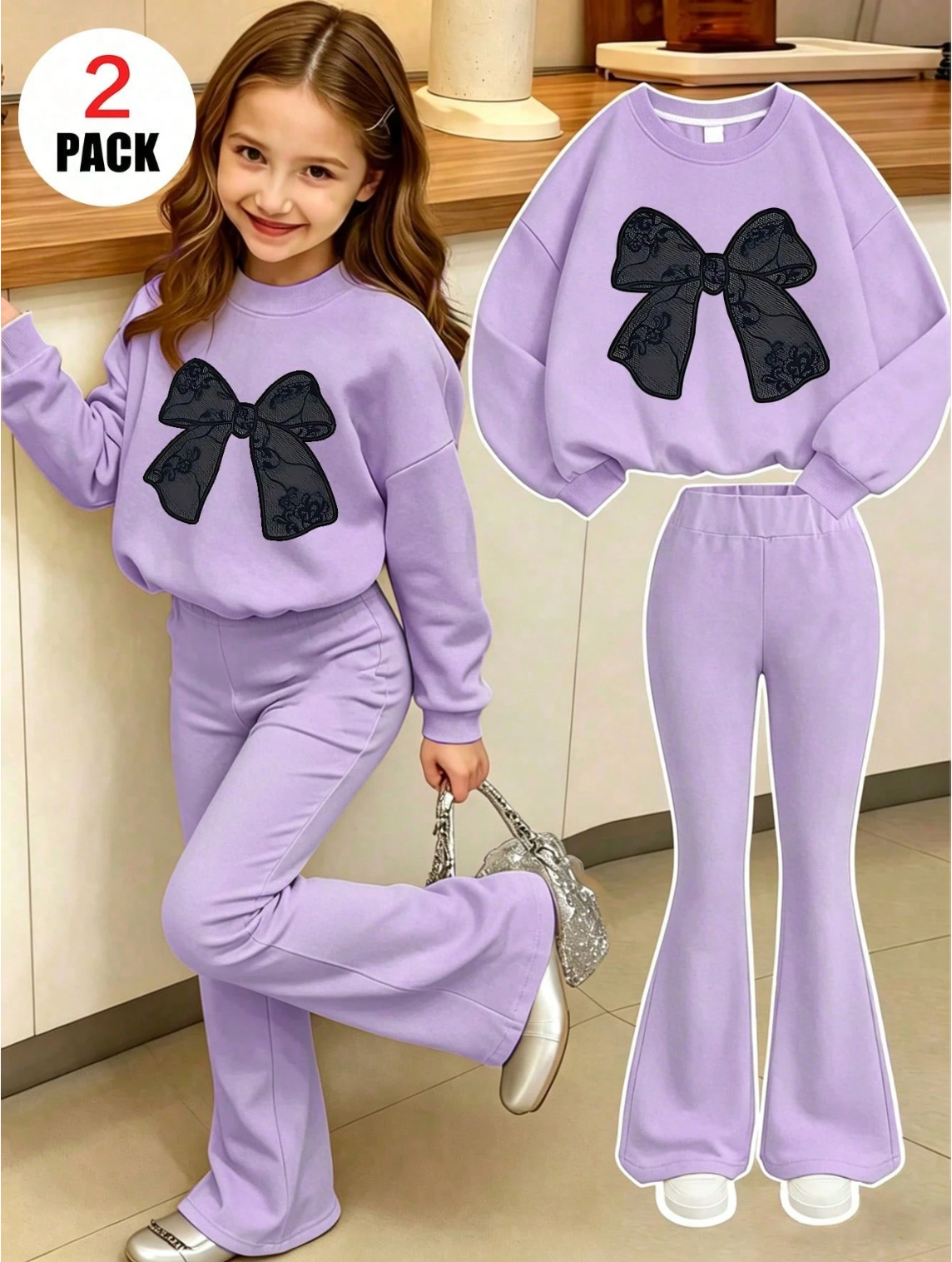 Girls Bow Print Crew Neck Sweatshirt And Pants, New Fashionable Casual Travel Outfit