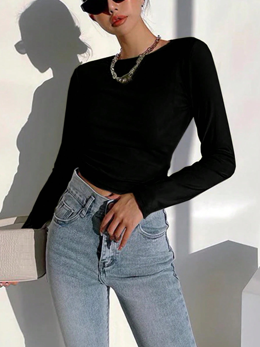 Backless Round Neck Long Sleeve Women's Top