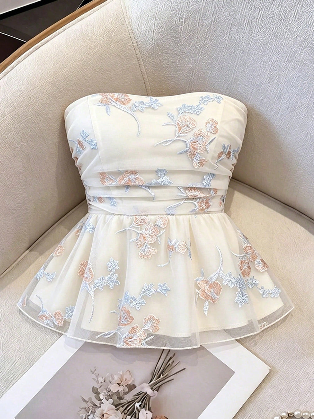 Floral Embroidered Fabric Ruched Waist A-Line Camisole Top